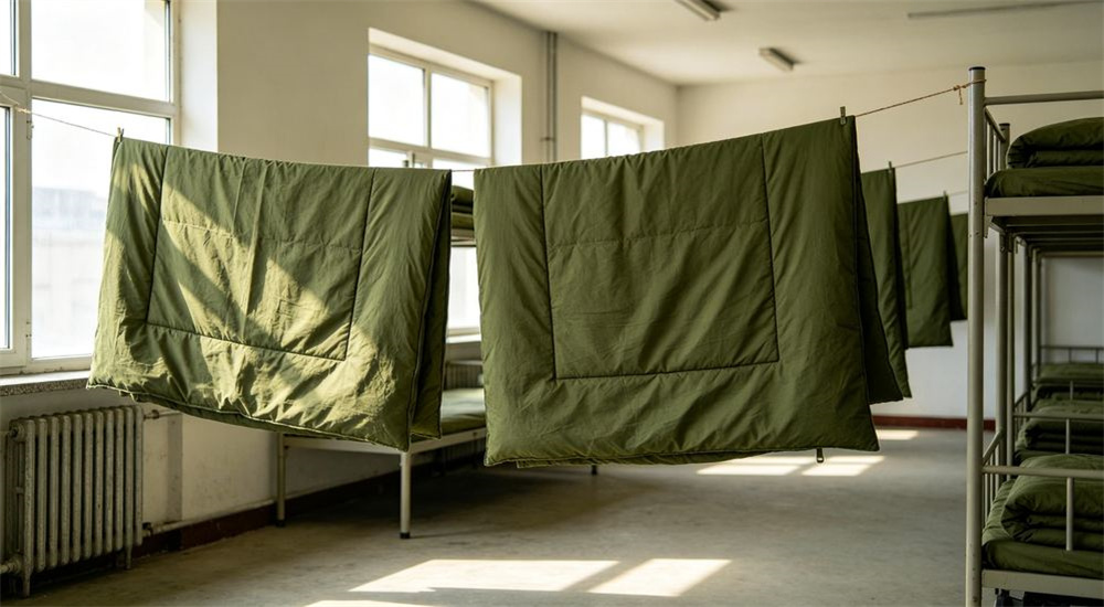 Close-up view of durable institutional flat sheet in olive green, smooth government procurement bed linen for public facility beds, easy to launder and fold, professional institutional textile photography with bright even lighting for government procurement buyers
