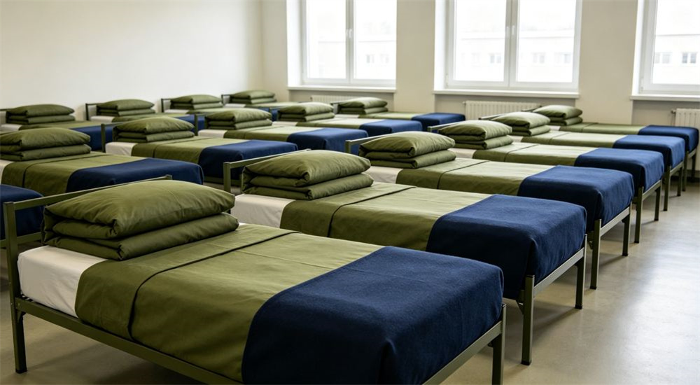 Wide shot of bulk institutional bedding order prepared for delivery, stacks of durable government procurement bed linen ready for public facility distribution, organized wholesale stock, professional institutional textile photography with bright even lighting for government procurement buyers