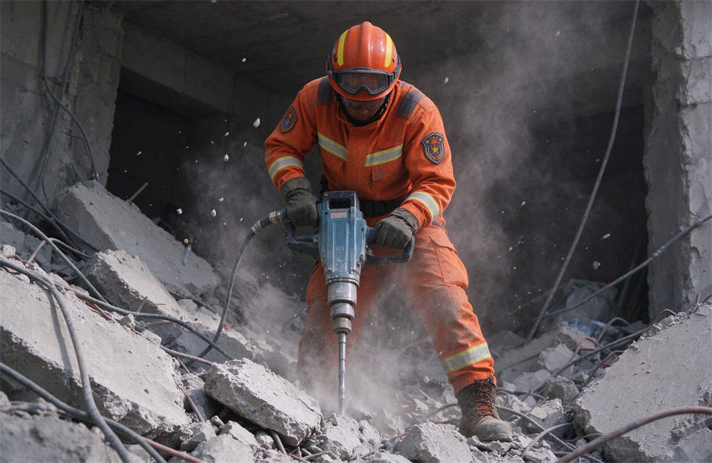 Western rescue worker using jackhammer pneumatic breaker to break up concrete rubble, orange uniform, dust and debris flying for landslide rescue operations, wholesale pricing available Western rescue worker using jackhammer pneumatic breaker to break up concrete rubble, orange uniform, dust and debris flying for landslide rescue operations, wholesale pricing available