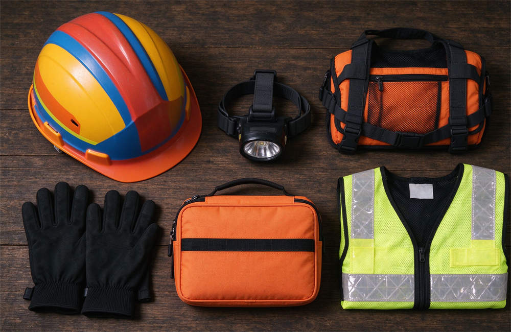 Flat lay of personal protective equipment: yellow safety helmet, work gloves, rain boots, reflective vest, first aid kit, headlamp for landslide rescue equipment wholesale, factory direct pricing available