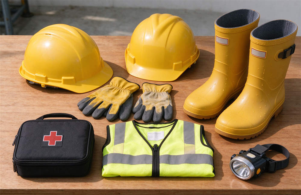 Four safety helmets in orange, white, yellow, and blue arranged in a row on a table in a warehouse for landslide rescue operations, wholesale pricing available