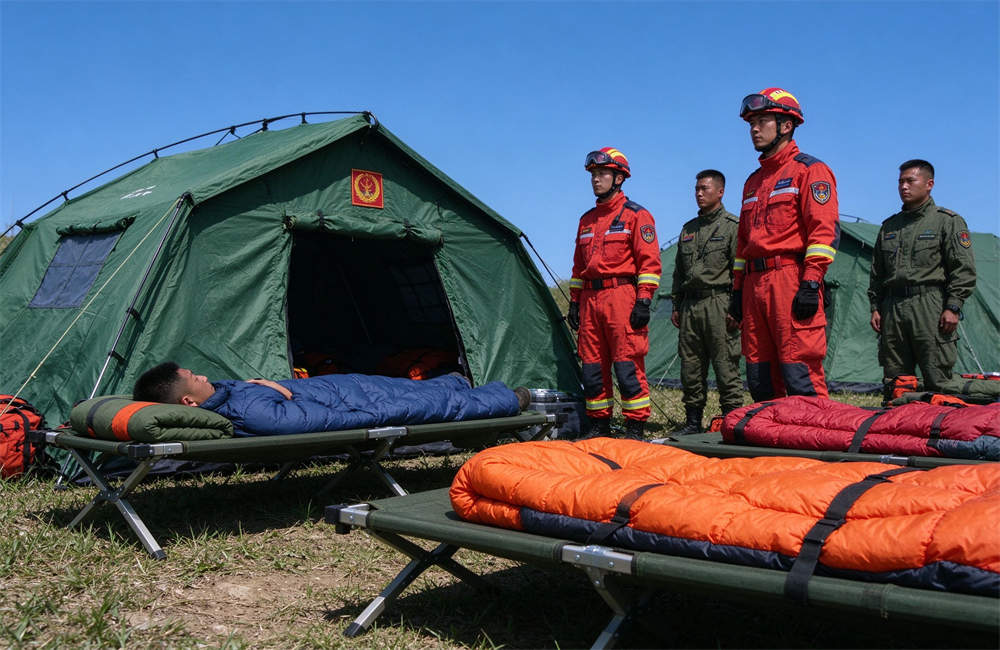 Compact roll-up sleeping bag next to a water bottle showing small pack size for bulk landslide rescue team camping for landslide rescue operations, wholesale pricing available