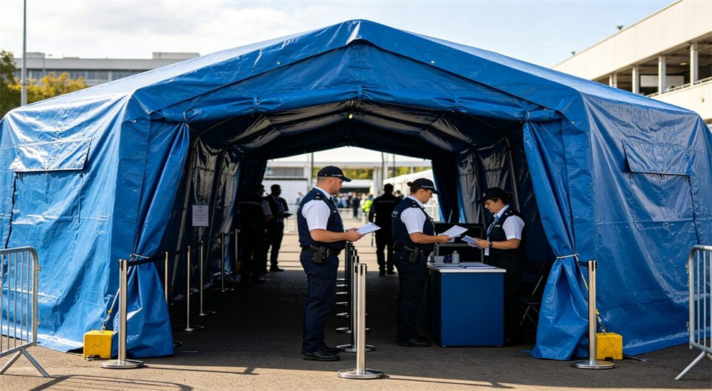 Large blue temporary inflatable disaster relief tent, staff work at service counter inside canopy Large blue temporary inflatable disaster relief tent, staff work at service counter inside canopy