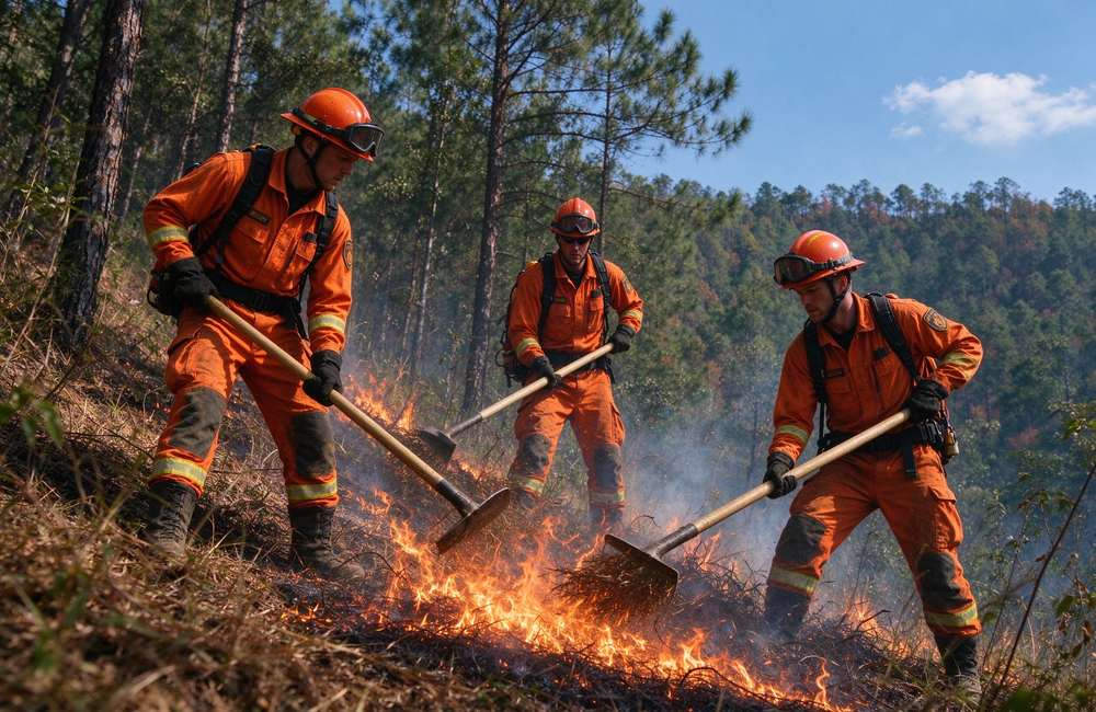 Eye-level view of wildland firefighting crew in lightweight protective clothing for forest fire fighting suit wholesale supply and wildfire season readiness for wildland fire gear buyers