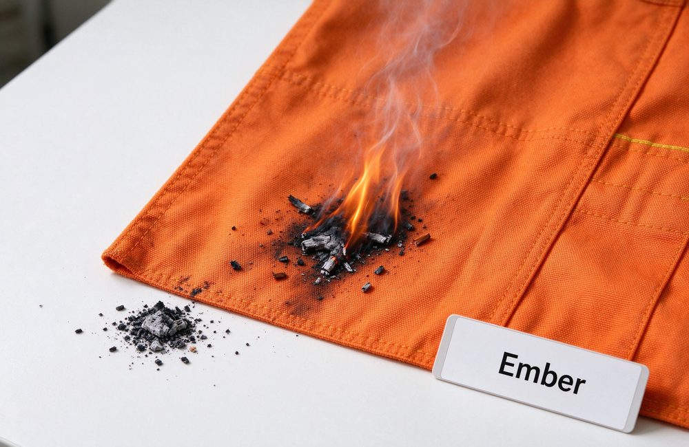 Flat-lay view of ember ignition protection diagram for orange ember resistant wildland firefighting clothing showing forest fire suit defense and wildland fire gear protection principle during wildfire suppression operations
