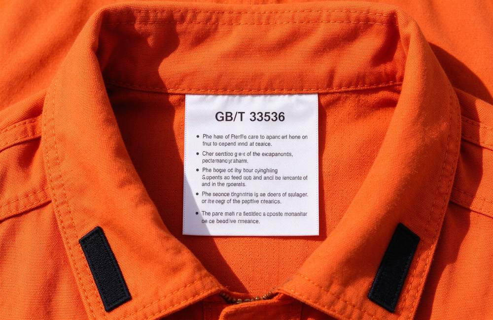 Top-down view of gB 33536 standard label on orange with yellow trim wildland firefighting clothing for forest fire suit compliance and wildland fire gear export certification verification