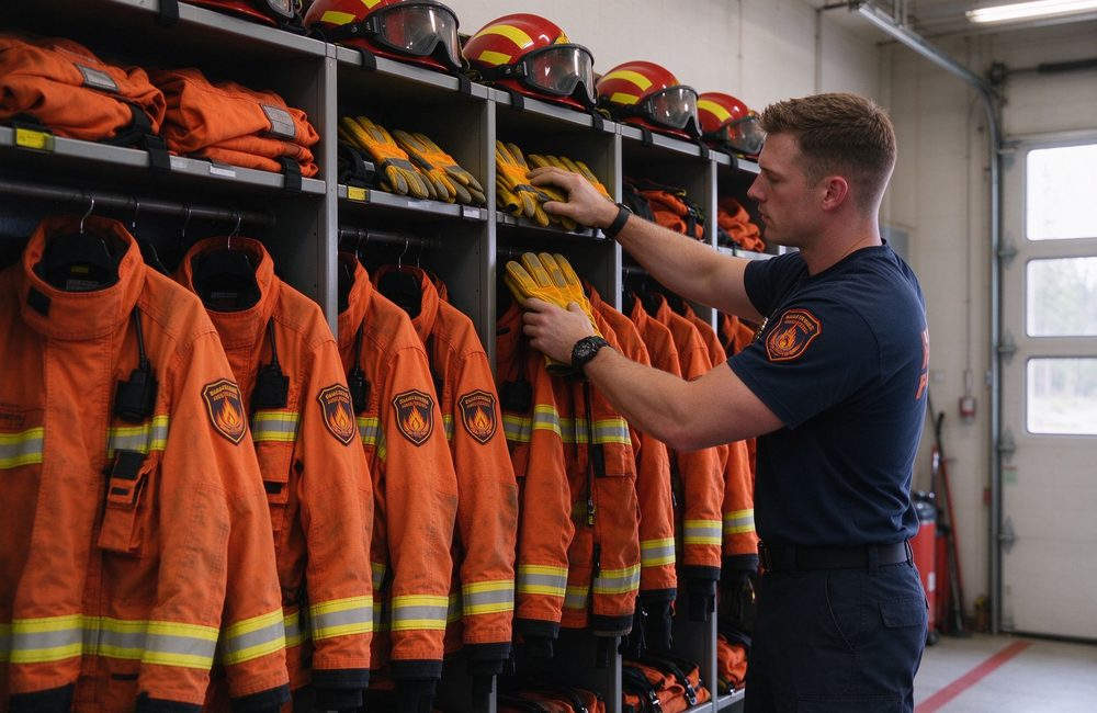 Aerial view of wildland firefighter wearing forest fire suit with backpack sprayer for fire fighting suit active work and wildland fire gear suppression tools