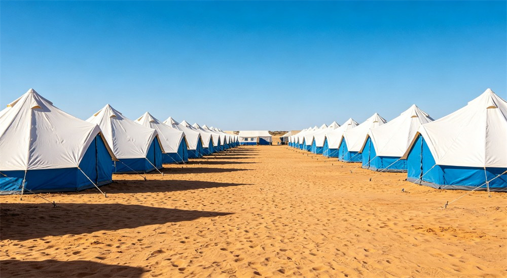 Bright well-lit tent interior with clean bedding solar lighting organized accommodation