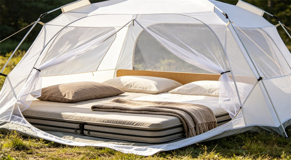 Remote camp tent and bedding combination showing complete accommodation setup Remote camp tent and bedding combination showing complete accommodation setup