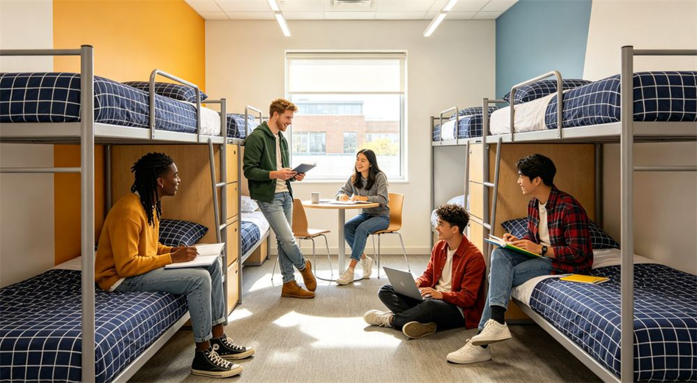 Wide interior view of a bright university dormitory corridor with rows of neatly made single institutional beds dressed in blue and white gingham school dormitory bedding, durable cotton fabric shown for wholesale student housing bulk orders from China