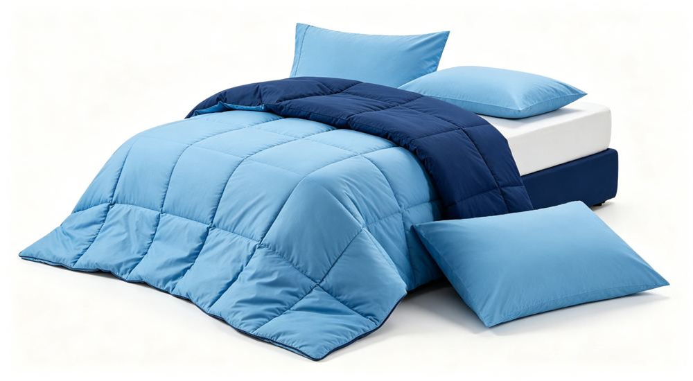 Front view of clean white background product family of complete navy and white dormitory bedding sets neatly folded and arranged, durable quality wholesale school dormitory bedding product family ready for university campus bulk orders