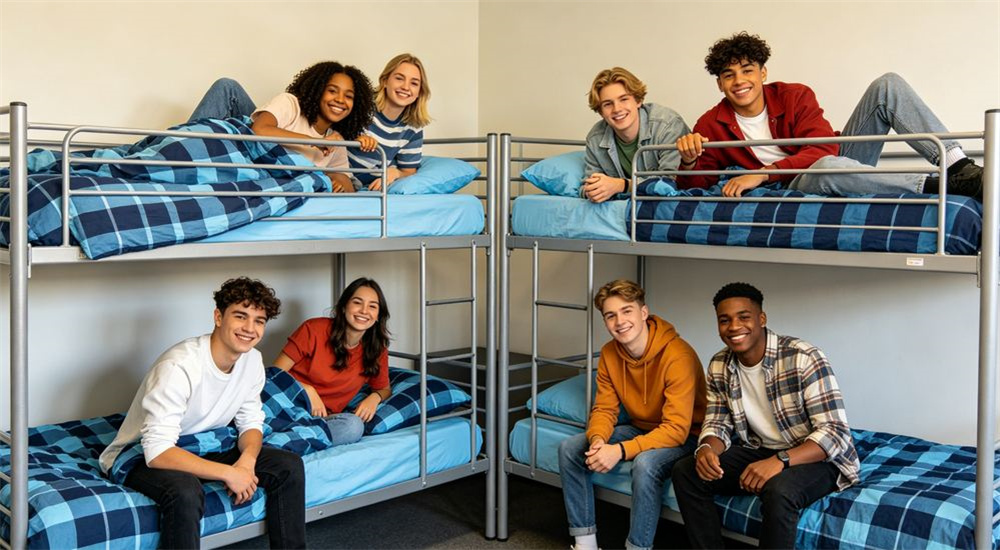 Front view of sunlit boarding school bedroom with a single wooden bunk bed dressed in crisp navy and white institutional linen, bright daylight showing durable school dormitory bedding ready for student occupancy and daily use