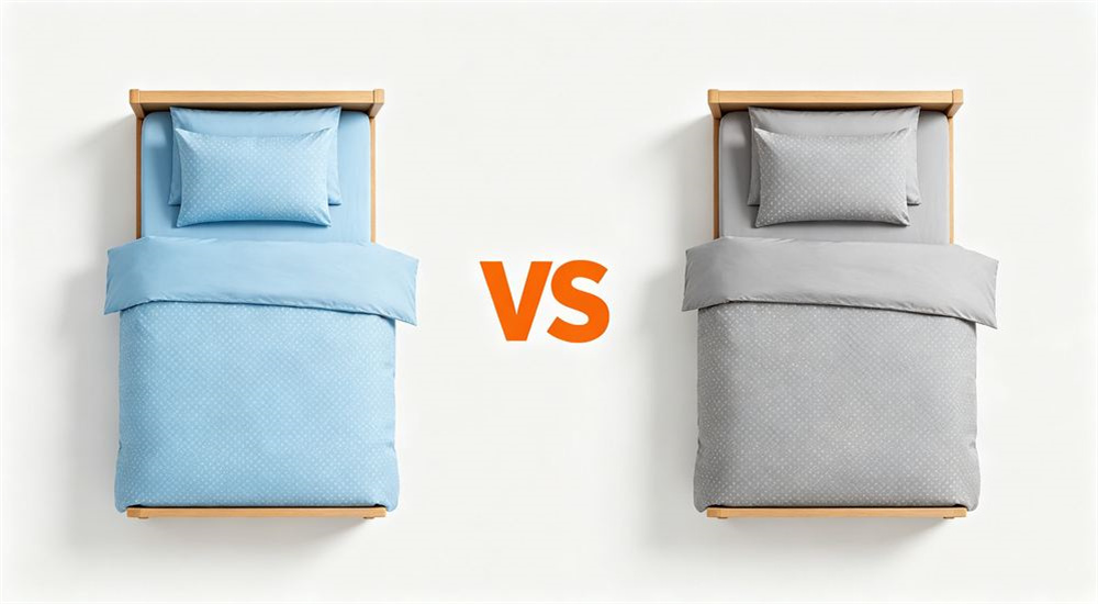 Side by side comparison view of two dormitory bedding options in blue and white gingham versus solid navy, showing size dimensions and fabric choices for wholesale school dormitory bedding selection and planning Side by side comparison view of two dormitory bedding options in blue and white gingham versus solid navy, showing size dimensions and fabric choices for wholesale school dormitory bedding selection and planning
