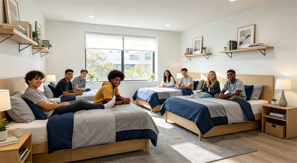 Front view of a folded complete three piece dormitory bedding set in navy and white showing duvet cover fitted sheet and pillowcase stacked neatly, bulk school dormitory bedding wholesale product display for universities Front view of a folded complete three piece dormitory bedding set in navy and white showing duvet cover fitted sheet and pillowcase stacked neatly, bulk school dormitory bedding wholesale product display for universities