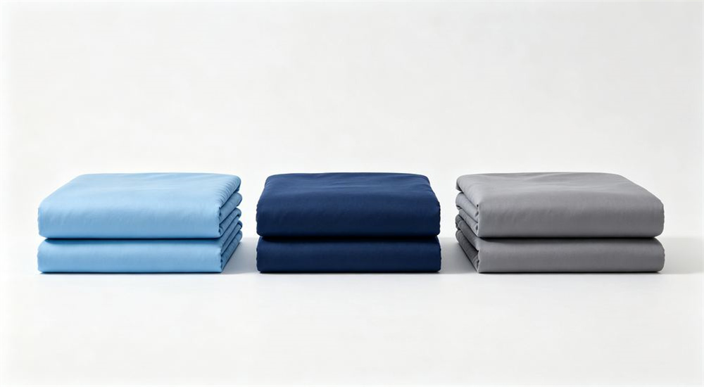 Side angle view of a made up dormitory bed with blue and white institutional bedding showing soft drape and snug fit on a twin mattress, 160 GSM poly cotton school dormitory bedding wholesale display