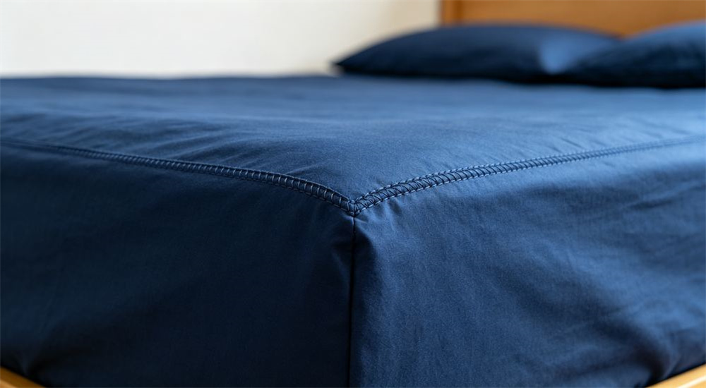 Close front view of reinforced stitching and strong elastic corner on a fitted dormitory sheet, durable construction detail for wholesale school dormitory bedding that withstands regular bunk bed handling and washing
