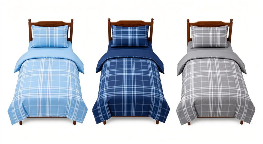 Side angle of selection of solid school color dormitory bedding in navy grey and white arranged neatly on a display, custom Pantone school color matching for wholesale boarding school bedding and university orders