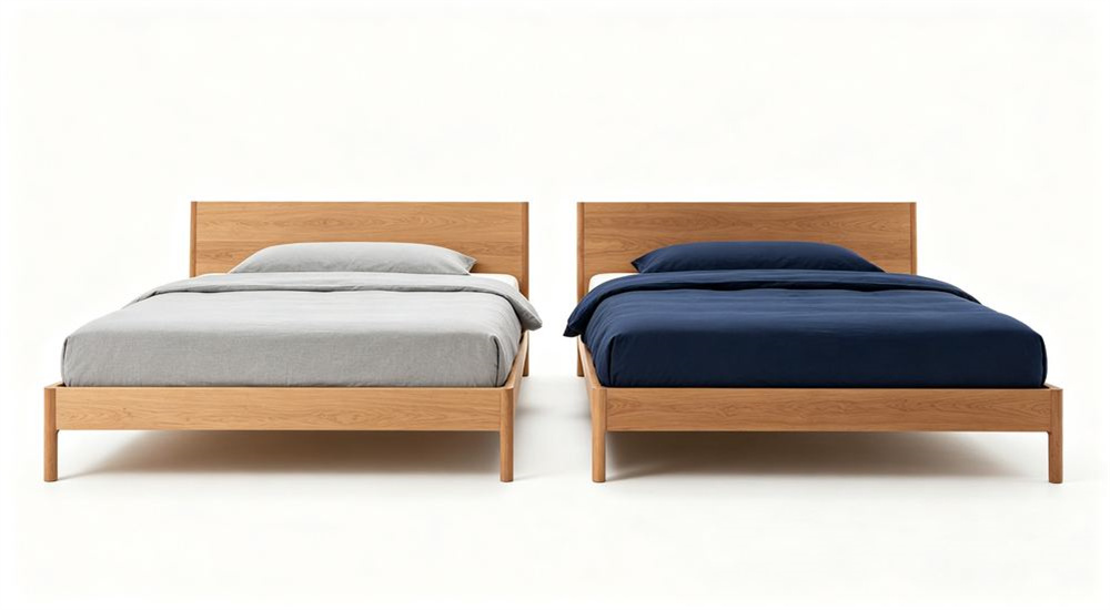 Overhead before and after comparison of dormitory bedding showing worn faded linen beside fresh navy and white bedding, cost benefit and durability comparison for wholesale school dormitory bedding buyers, long term value for campus linen refresh cycles.