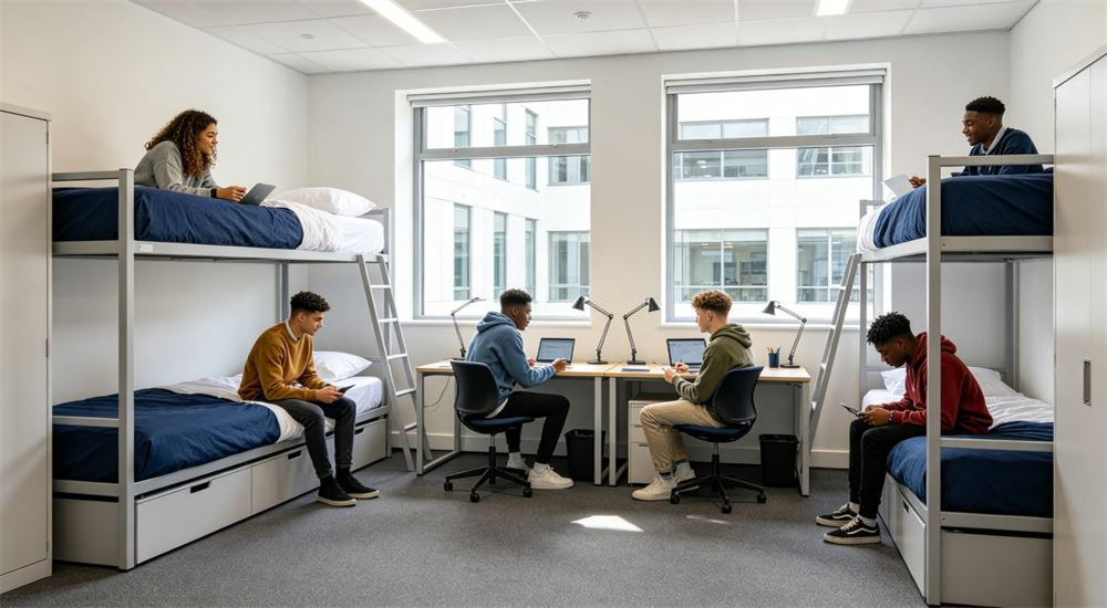 Overhead view of interior of a modern university residence hall with rows of tidy twin beds dressed in blue gingham institutional linen, wholesale school dormitory bedding for campus student housing and common areas