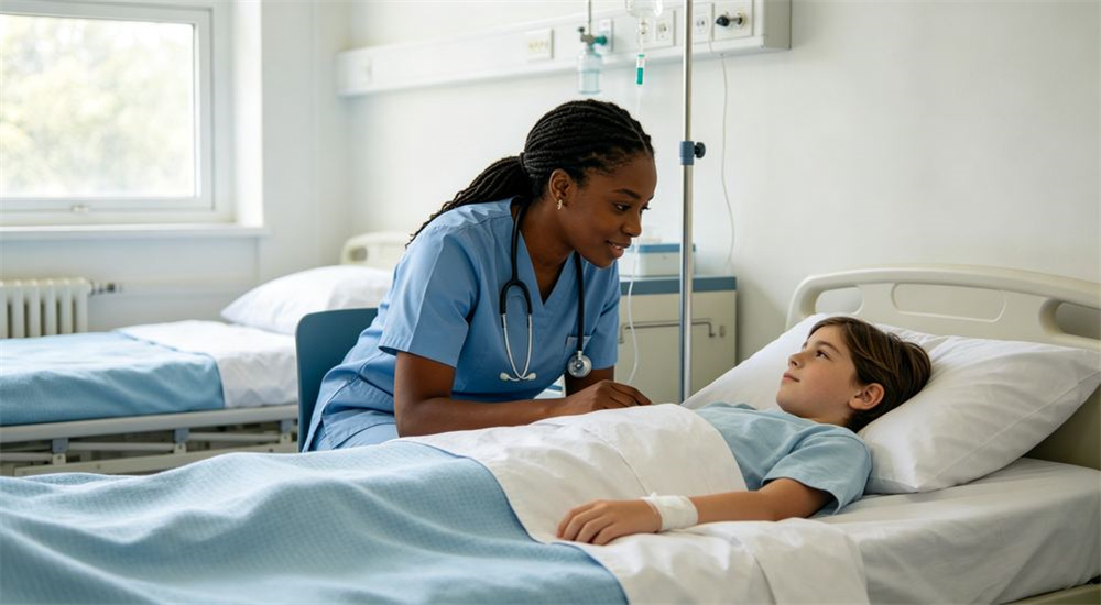 Wide-angle view of clean white and light blue clinical style bed made up in a school infirmary room, hygienic high temperature washable bedding for school clinics nurse offices and health rooms on campus