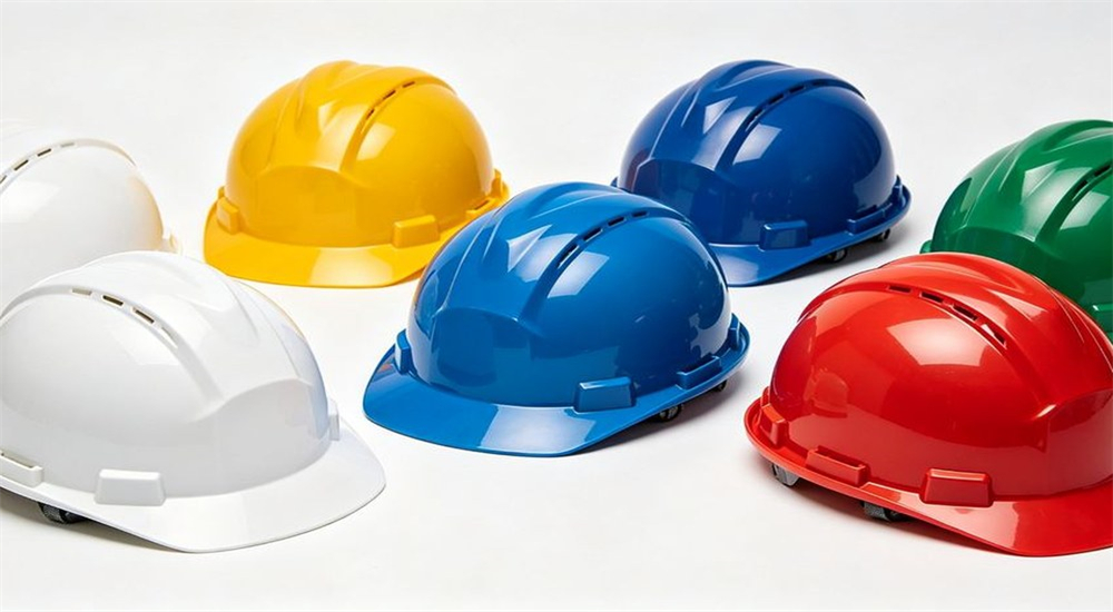Safety helmets in white yellow blue red green for role identification at work sites Safety helmets in white yellow blue red green for role identification at work sites