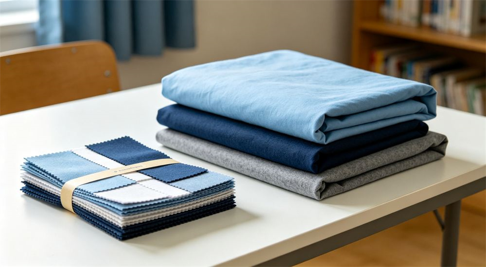 Wide-angle view of neat tender presentation of dormitory bedding fabric swatches and finished samples laid on a table, bid support and documentation for educational procurement of wholesale school dormitory bedding, by school facilities and housing procurement teams.