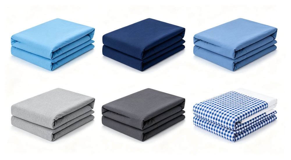 Close-up detail of range of solid school color dormitory bedding swatches in navy grey white and green on a clean white background, custom Pantone color matching service for wholesale boarding school bedding orders