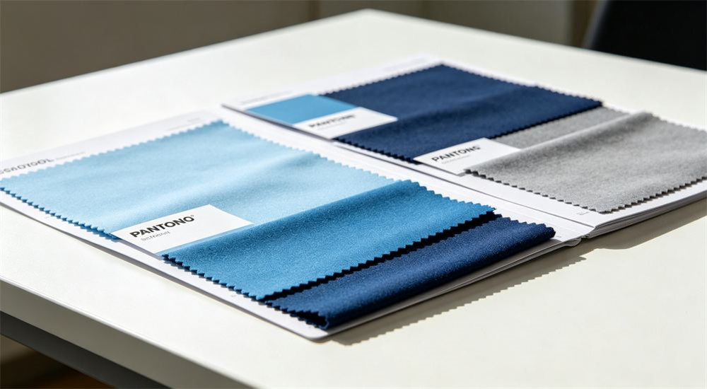 Close-up detail of uniform navy dormitory bedding sets folded in matching piles showing consistent batch to batch color, multi batch color consistency for wholesale school dormitory bedding annual reorders, placed as annual multi year campus reorders and housing programs.