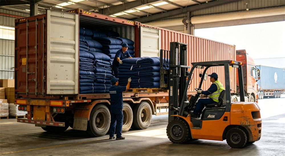 Macro view of warehouse pallet of neatly cartoned dormitory bedding ready for container loading by forklift, bulk packaging and reliable logistics for wholesale school dormitory bedding delivery to campuses, for delivery to university campus receiving docks nationwide.