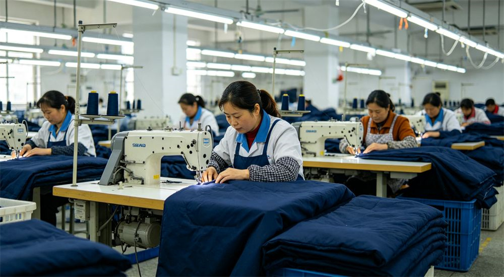 Top-down view inside a bright textile workshop in China where workers on sewing lines stitch bolts of navy and white dormitory fabric, factory direct production of wholesale school dormitory bedding for large bulk educational orders