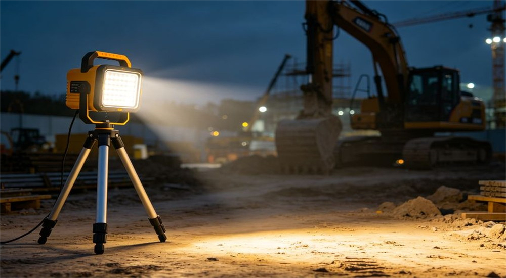 Rechargeable work light on tripod illuminating construction site at night Rechargeable work light on tripod illuminating construction site at night