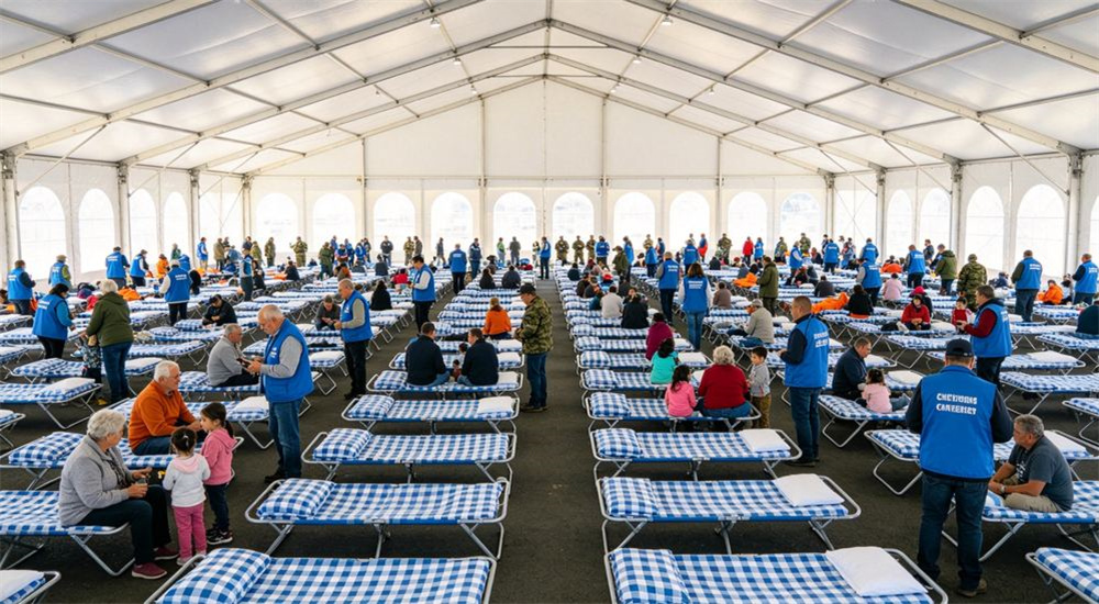 Wide front view of a bright emergency shelter tent lined with rows of simple cots dressed in blue and white check relief bedding, rapid deployment humanitarian shelter linen for disaster response aid operations