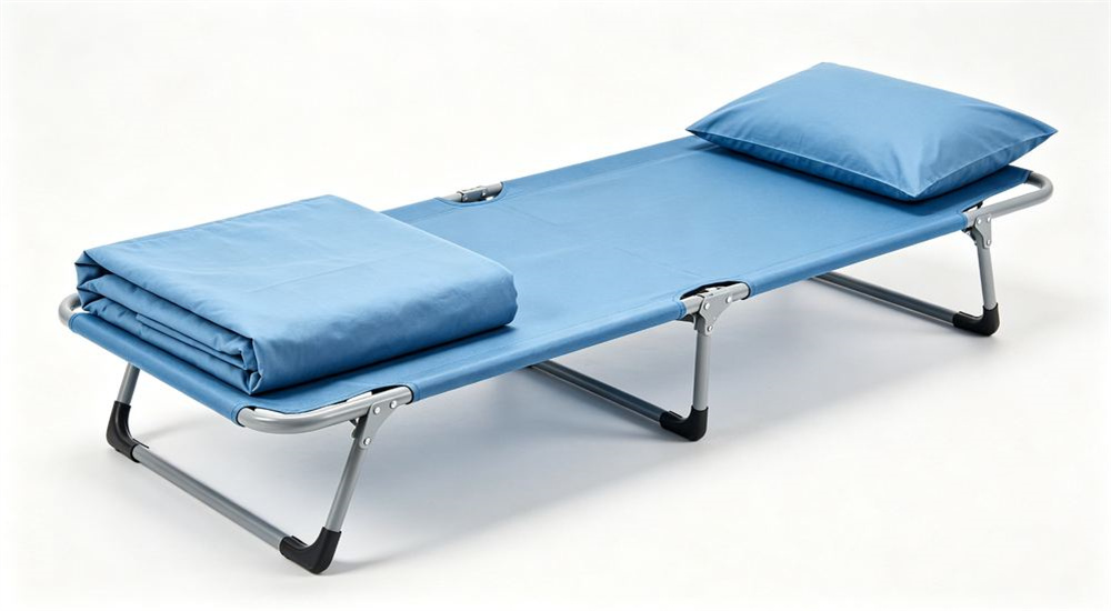 Front view of complete emergency relief bedding set family laid flat on a clean white background showing sheet blanket and pillowcase in sky blue and white, wholesale humanitarian disaster shelter linen product overview