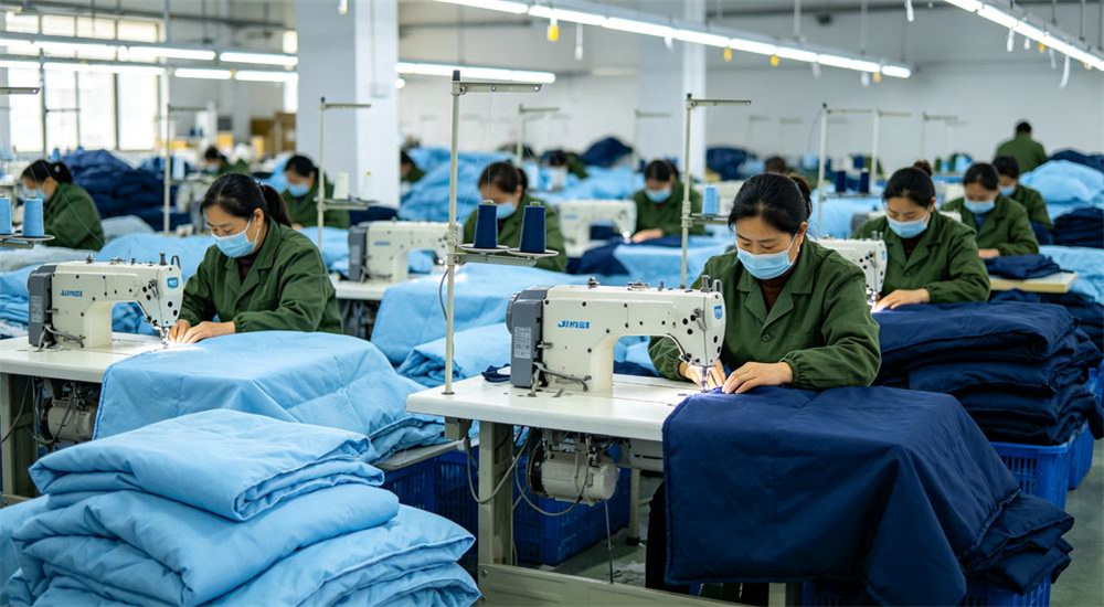 Front view inside a textile factory in China where a worker operates a sewing line stitching bolts of sky blue relief bedding fabric, factory direct wholesale emergency relief bedding for humanitarian aid
