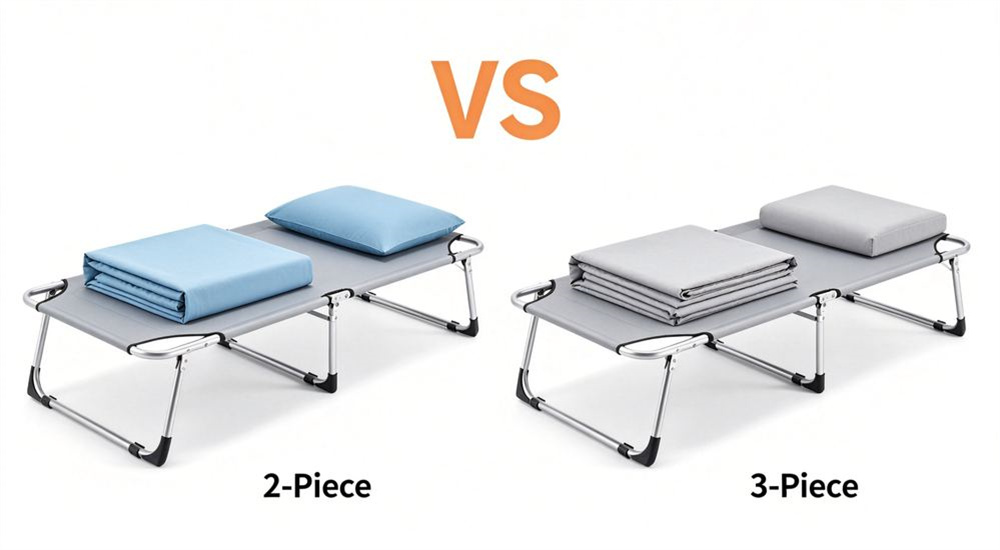 Side by side comparison of emergency relief bedding set options in sky blue versus gray showing two piece and three piece configurations, wholesale disaster shelter linen selection, and package choice for humanitarian procurement teams and relief coordinators.