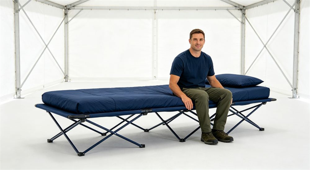 Side view of a relief worker demonstrating navy blue emergency relief bedding laid on a narrow field cot, showing proper size fit and coverage for disaster shelter cots, on narrow field cots used across tents and evacuation shelters.