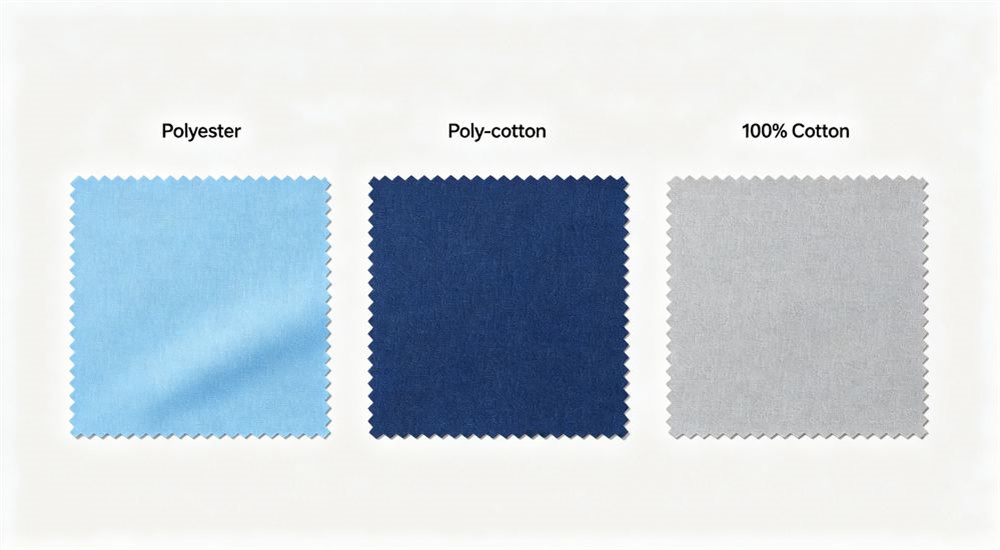 Side angle of three fabric swatches of emergency relief bedding in sky blue navy and light gray on a white background, comparing microfiber poly cotton and cotton for humanitarian shelter linen, for different deployment lengths and relief program requirements.