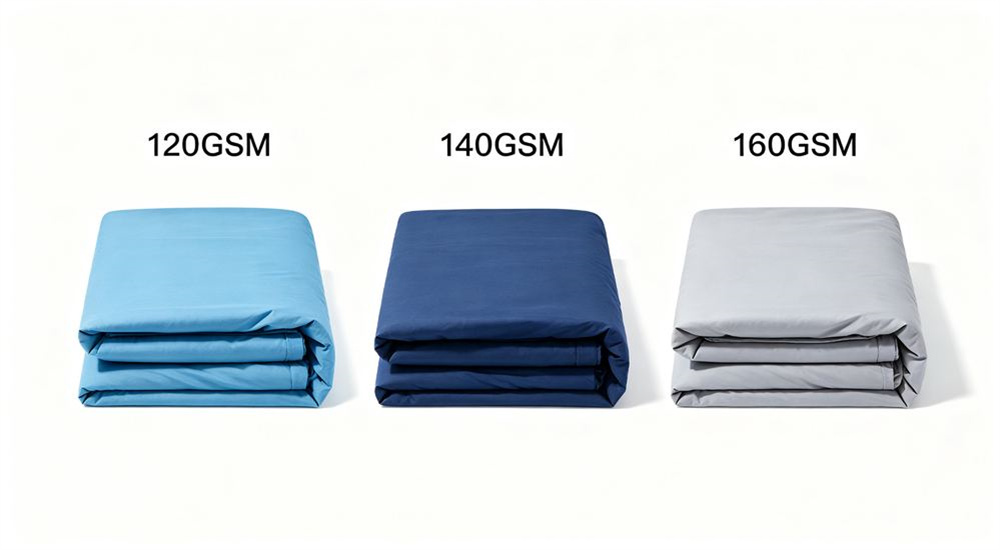 Side angle comparison of three GSM weights of emergency relief bedding in sky blue navy and gray showing 120 140 and 160 GSM fabric samples, choosing the right weight for rapid versus long term response.