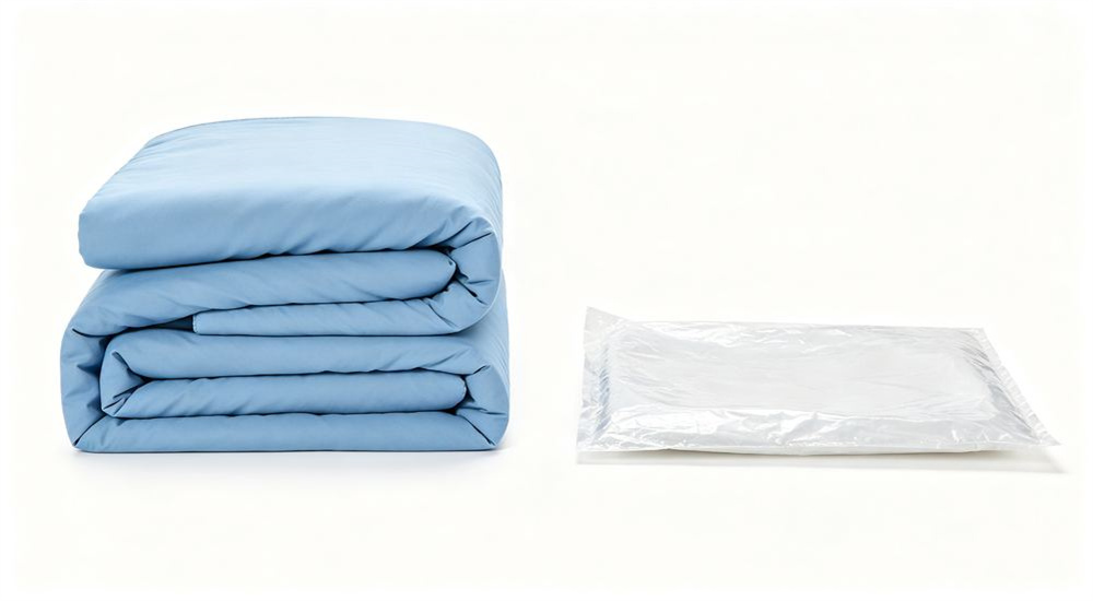 Overhead view of before and after vacuum compression comparison of sky blue emergency relief bedding showing bulky folded sets beside compact compressed packs, rapid deployment humanitarian packing, and dense packing that multiplies sets per truck for relief logistics.