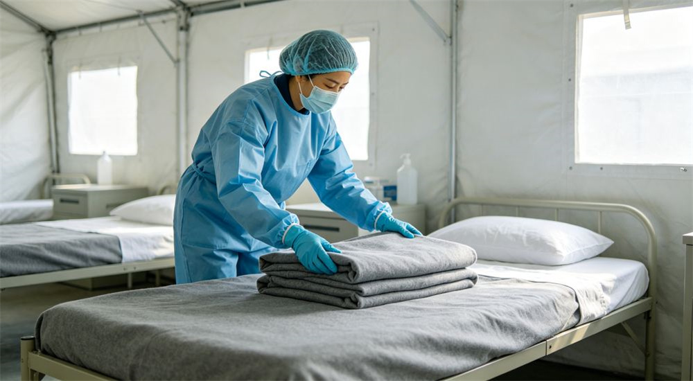 Wide-angle view of gloved relief worker handling gray hygienic emergency relief bedding in a clean supply setting, sanitation and hygiene focus for humanitarian disaster response linen supplies, and hygienic handling standards in crowded emergency shelter settings.