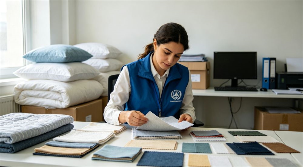 Wide-angle view of female relief procurement officer inspecting sky blue emergency relief bedding fabric samples, humanitarian bedding selection and tender decision process for aid programs, and humanitarian tender evaluation before committing a stockpile budget.