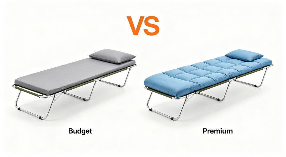 Side by side comparison of budget versus premium emergency relief bedding in gray and sky blue, cost benefit analysis for humanitarian aid procurement decisions, and total value analysis for relief program procurement officers.