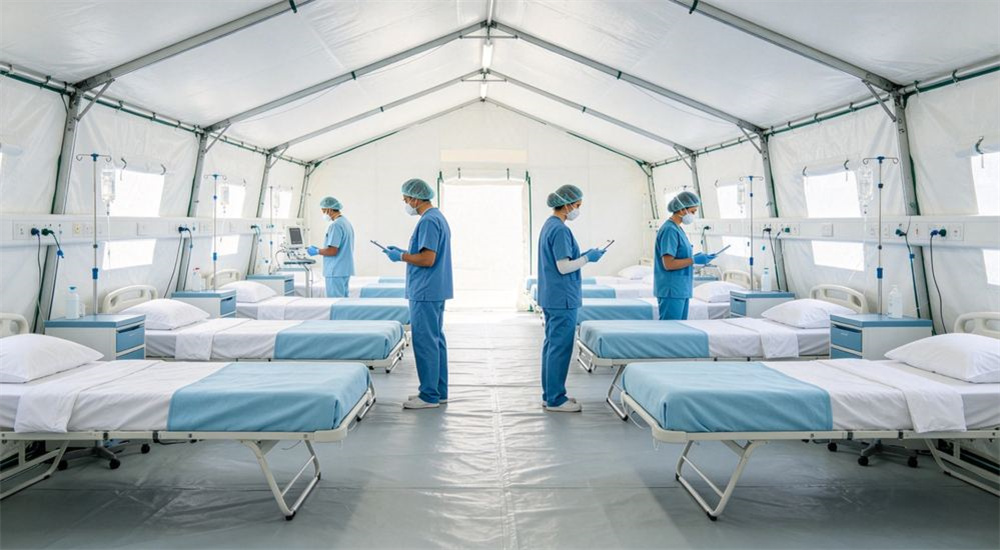 Close-up detail of rows of medical cots in a field hospital tent dressed in clean white and light blue bedding, hygienic washable emergency relief bedding for medical humanitarian use, with high temperature washable fabric for clinical humanitarian care.