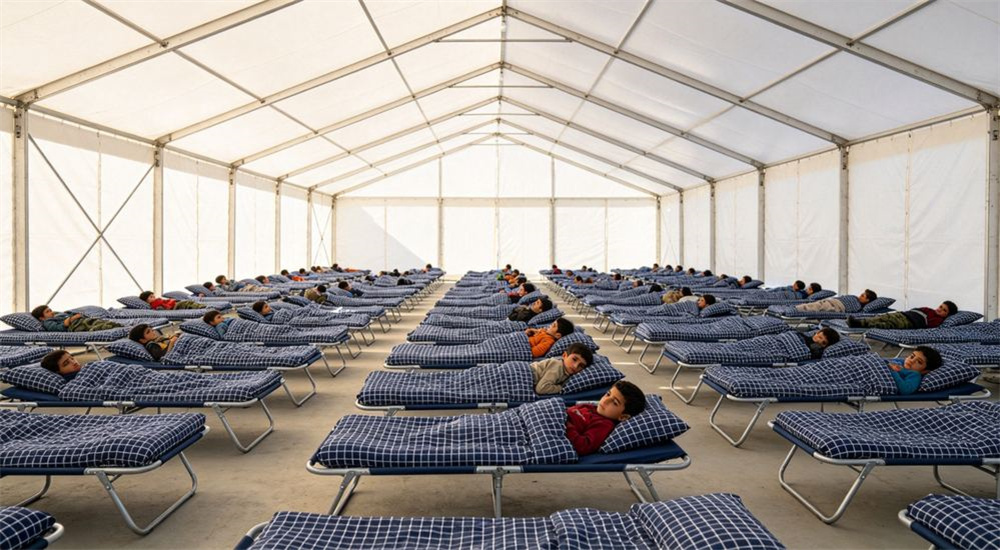 Close-up detail of family in a displaced persons camp tent seated on camp beds dressed in navy check relief bedding, durable long stay humanitarian emergency shelter linen for families, during long term family accommodation in a displacement camp.