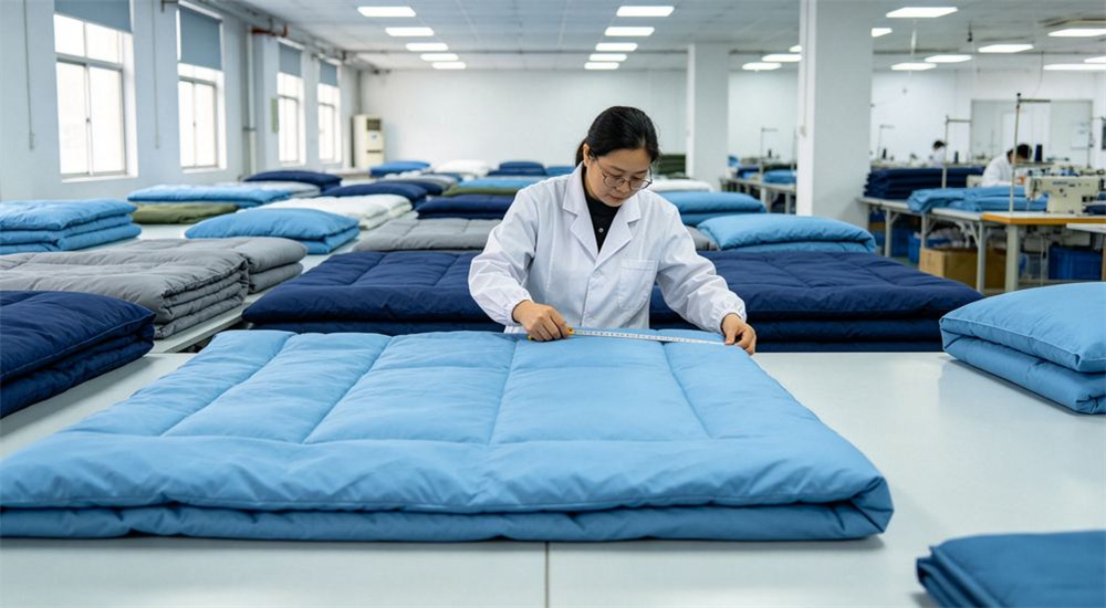 Close-up detail of quality control inspector in a white coat checking stacks of sky blue navy and gray relief bedding, batch inspection for humanitarian emergency relief bedding orders, before container shipment to humanitarian relief stockpile programs.