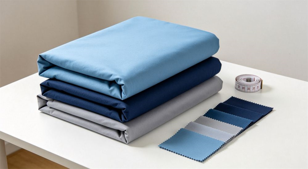 Macro view of tender sample kit of sky blue navy and gray relief bedding fabric swatches with measuring tape, bid support for humanitarian emergency relief bedding procurement, and bid documentation for humanitarian emergency relief bedding tenders.