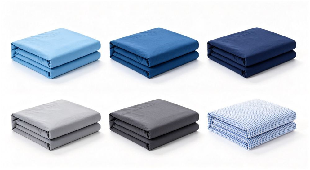 Macro view of six color options of emergency relief bedding on camp beds against a white background, custom color selection for humanitarian aid programs and relief stockpiles, and program color selection for relief agency and stockpile orders.