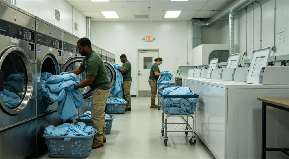 Top-down view of industrial washing machine cleaning sky blue emergency relief bedding in a relief laundering facility, washing and hygiene guide for humanitarian shelter linen programs, and practical care guidance for shelter laundering operations.