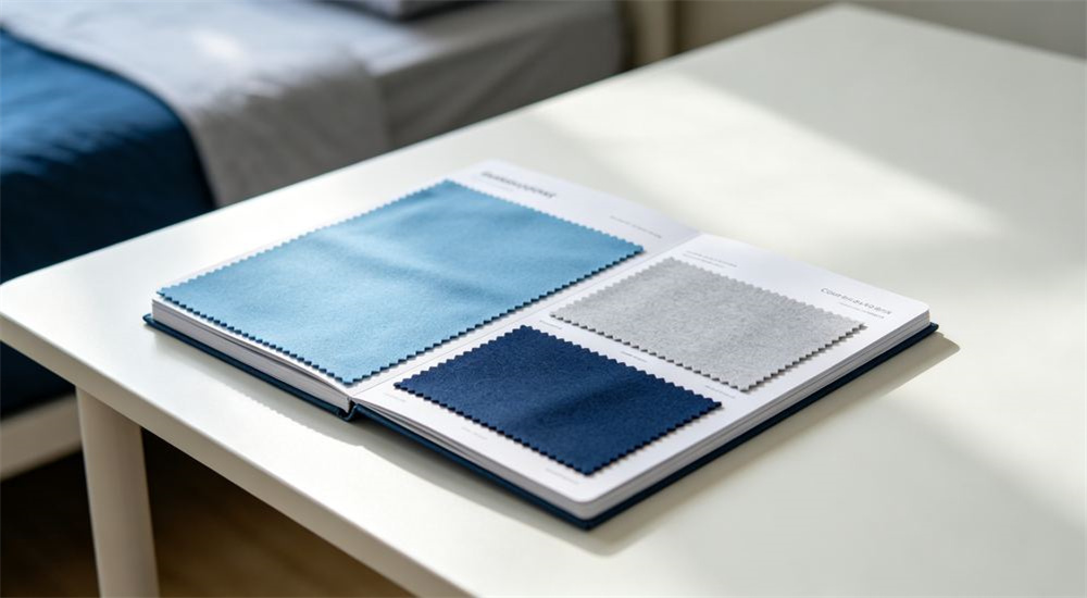 Top-down view of fabric swatches of sky blue navy and gray emergency relief bedding used for color management, batch to batch consistency for humanitarian relief stockpile reorders, and consistent neutral aid colors across humanitarian relief stockpiles.