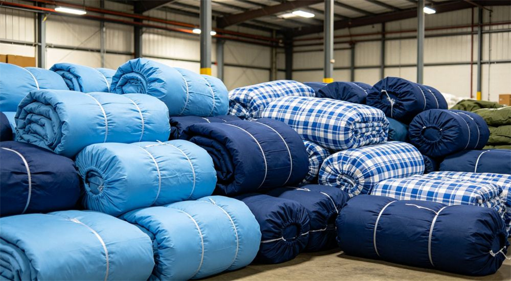 Top-down view of stacks of vacuum compressed sky blue navy and gray emergency relief bedding in a warehouse, dense packing and storage for humanitarian rapid response logistics, and ready reserve stockpile for sudden humanitarian emergency response.
